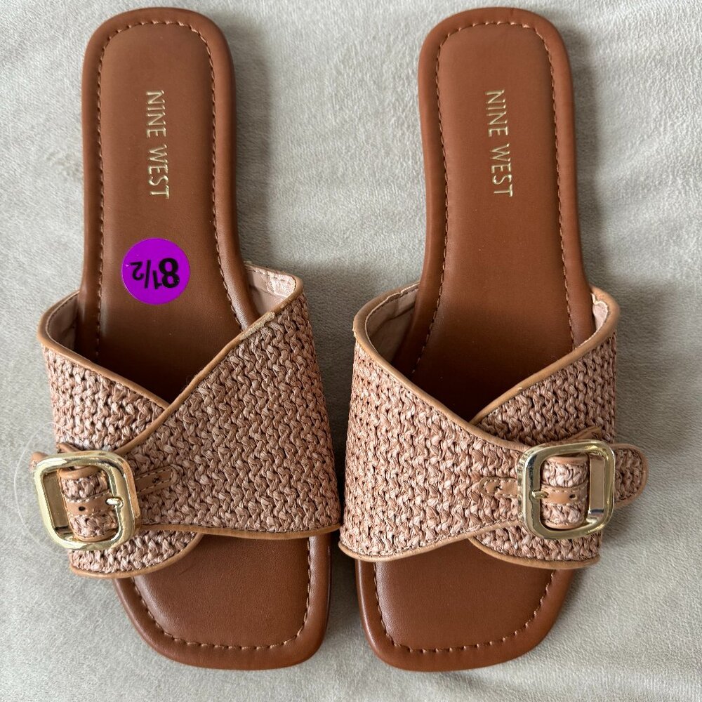 NWT Nine West Raffia Straw Slide Buckle Sandals  8.5
